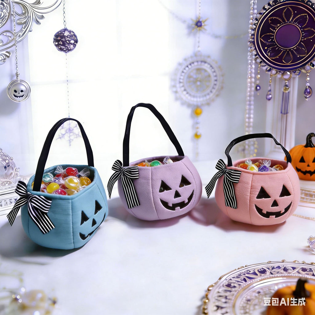 Halloween Handheld Bow Embroidered Candy Bag Kids Festival Decoration Prop Ghost Festival Pumpkin Bucket Trick-or-Treat Bag